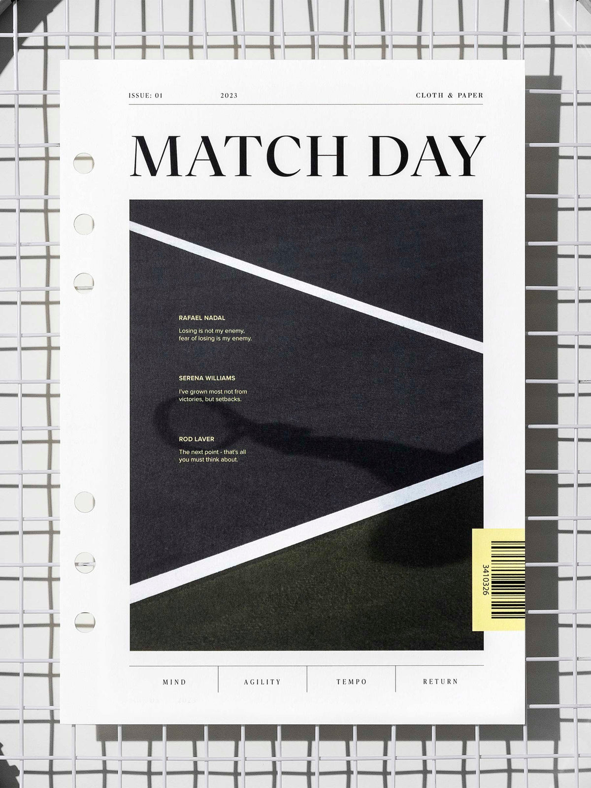 Match Day dashboard displayed on a tennis racket's netting. Size shown is A5. 