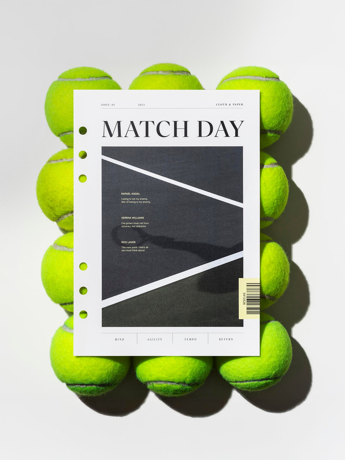 Match day dashboard displayed on top of 12 tennis balls. Size shown is A5. 