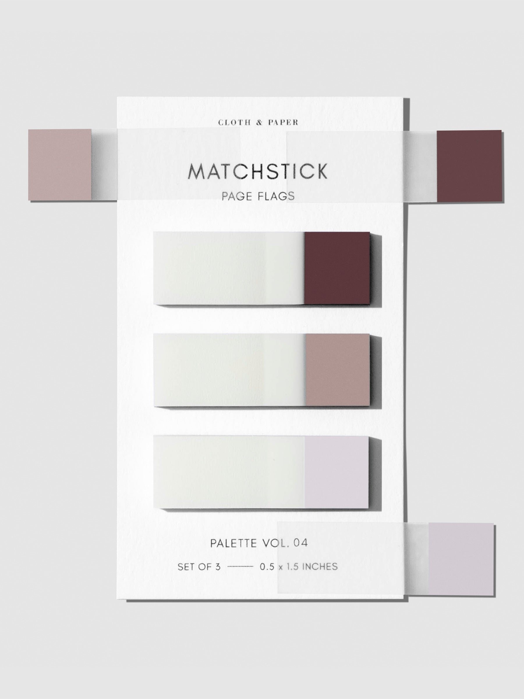 Matchstick Page Flag Set, Palette Vol. 04, Bordeaux, Demure, and Porcelain, Cloth and Paper. Set of page flags on their backing against a neutral background with samples of each page flag stuck to the backing.