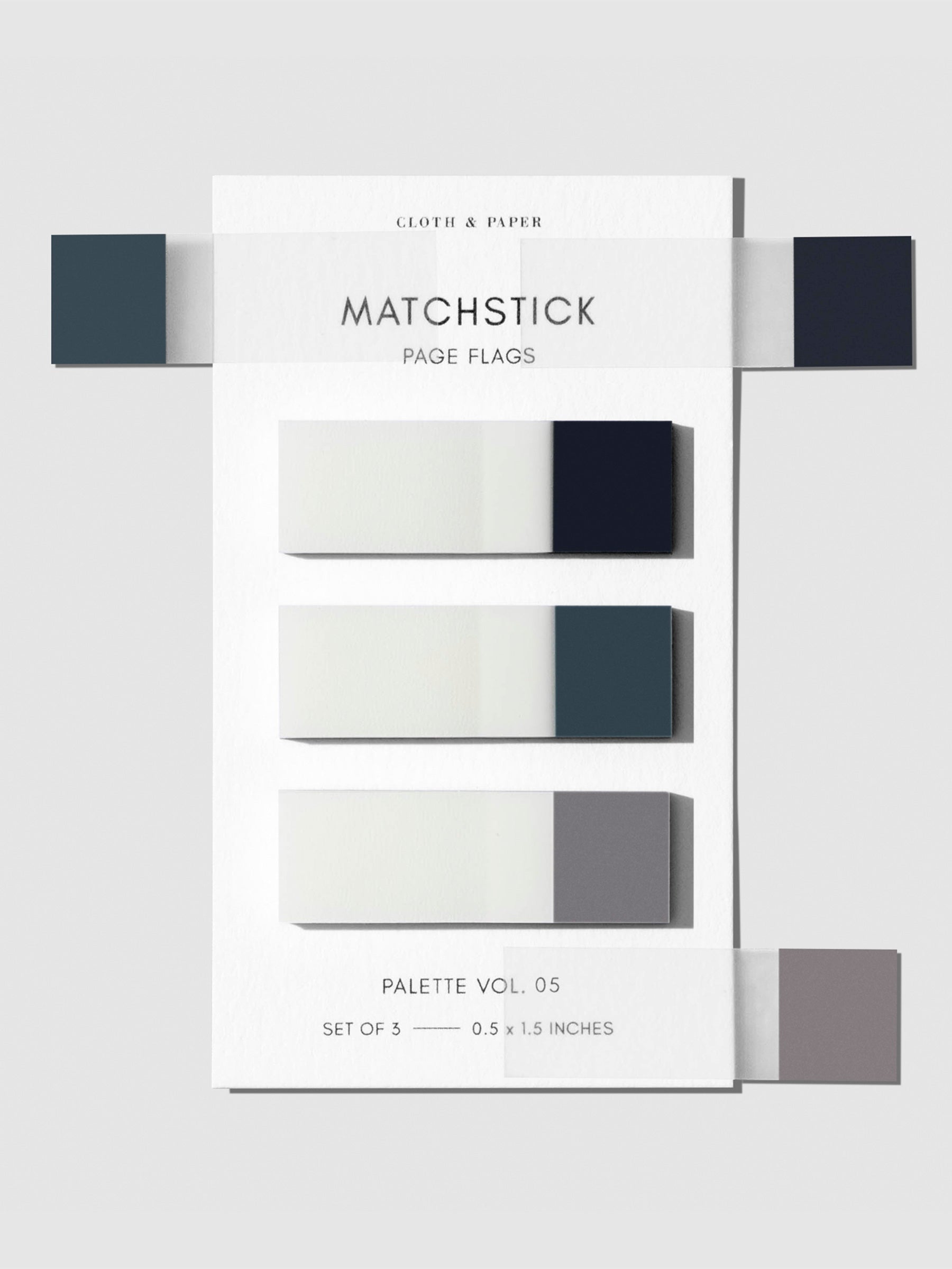 Matchstick Page Flag Set, Palette Vol. 5, Apollo, Juniper, and Verona, Cloth and Paper. Page flags on their backing with sample page flags applied to the right side of the backing.