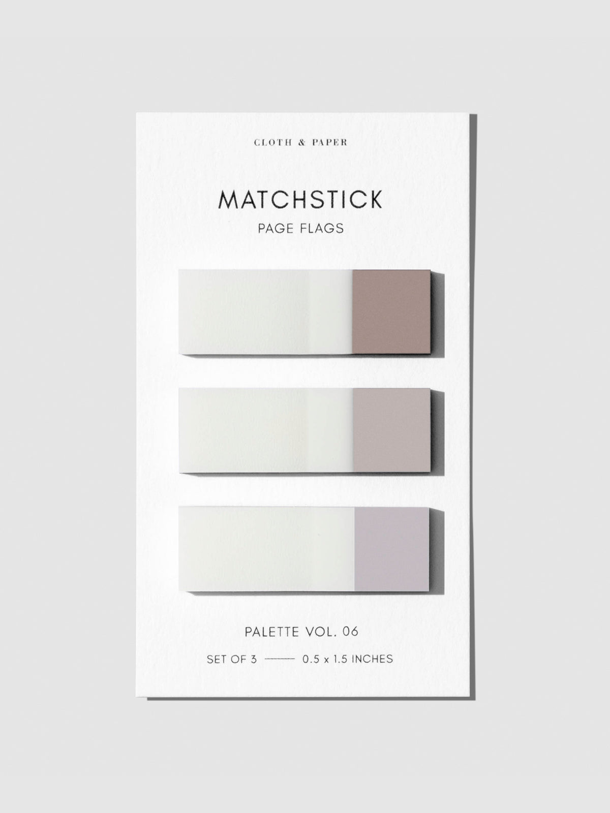 Matchstick Page Flag Set, Palette Vol. 06, Quartz, Beignet, and Champagne, Cloth and Paper. Page flags against a neutral background.