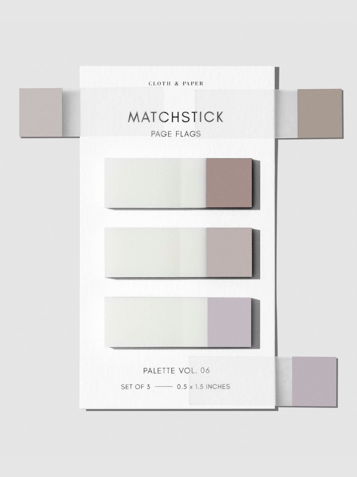 Matchstick Page Flag Set, Palette Vol. 06, Quartz, Beignet, and Champagne, Cloth and Paper. Page flags on their backing with sample page flags applied to the right side of the backing.