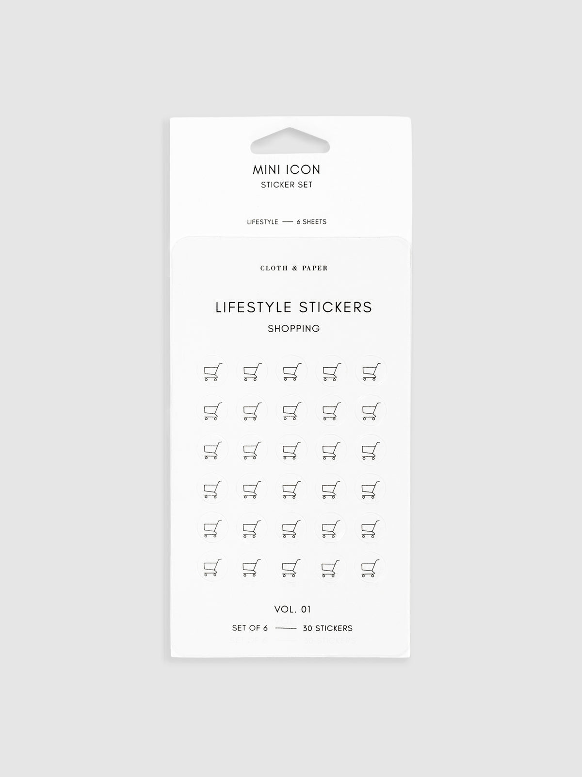 Mini Icon Stickers, Lifestyle, Cloth and Paper. Shopping sticker sheet from Lifestyle Mini Icon Stickers displayed on a neutral background.