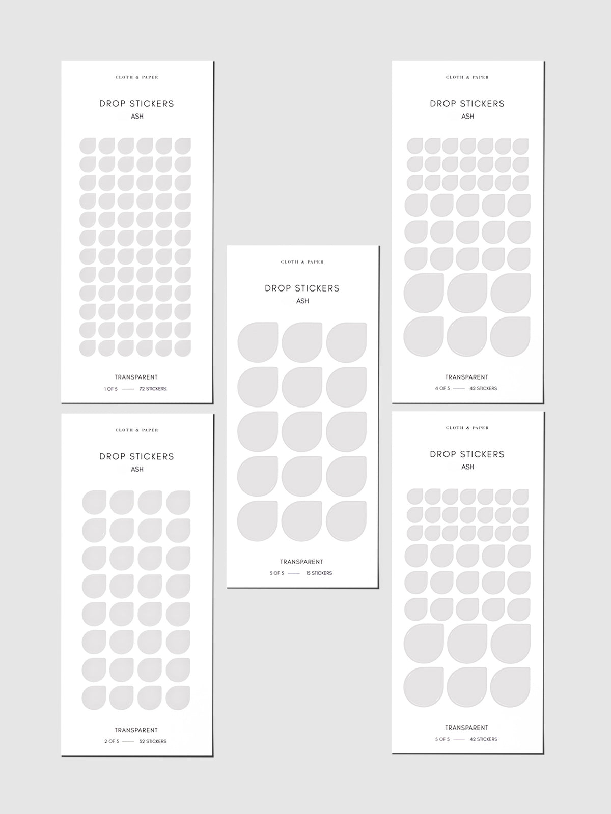 Set of five sticker sheets shown on a gray background. Color shown is Ash.