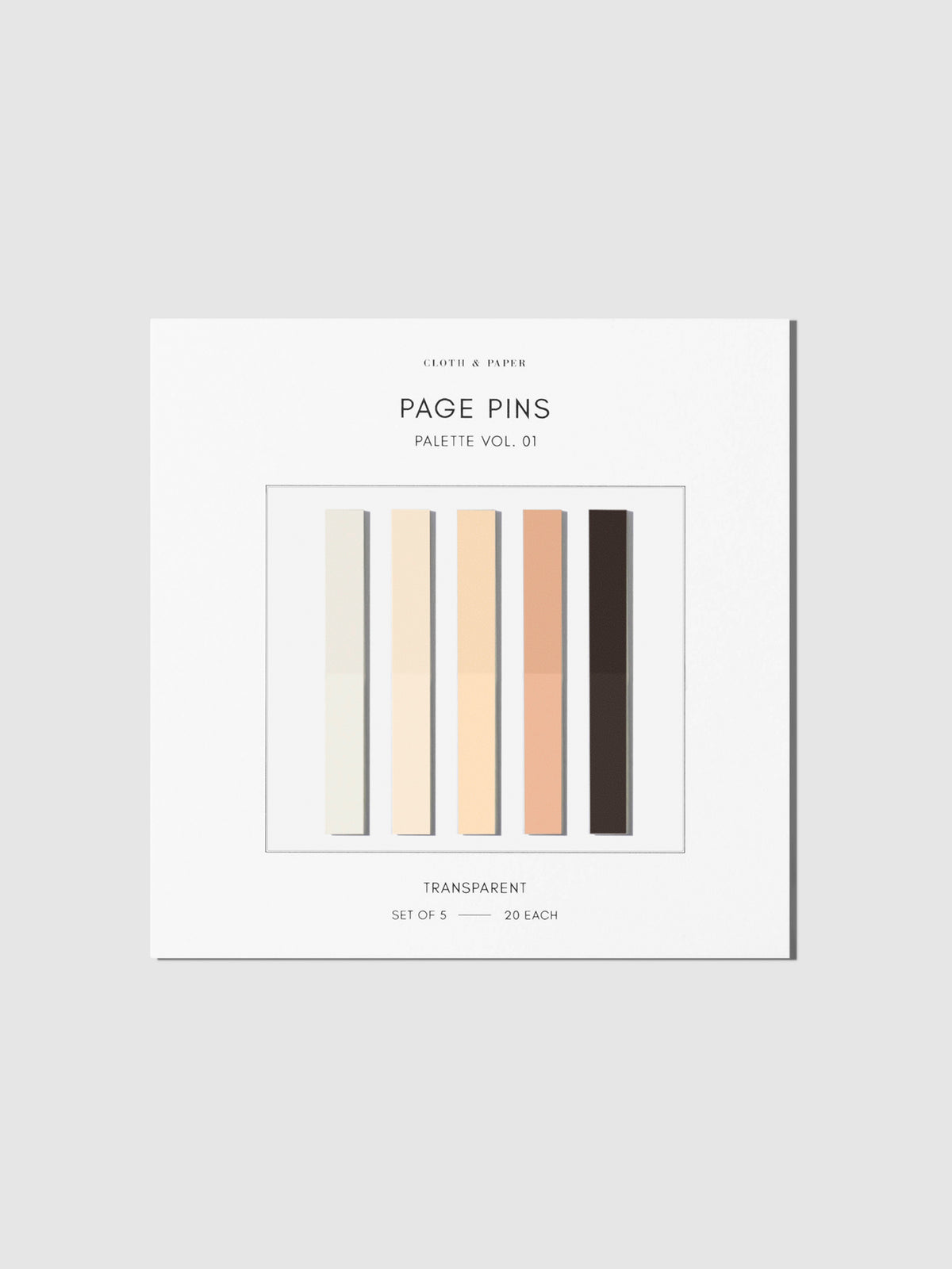 Page Pins, Volume 1, Cloth and Paper. Page pins on the backing on a neutral background.