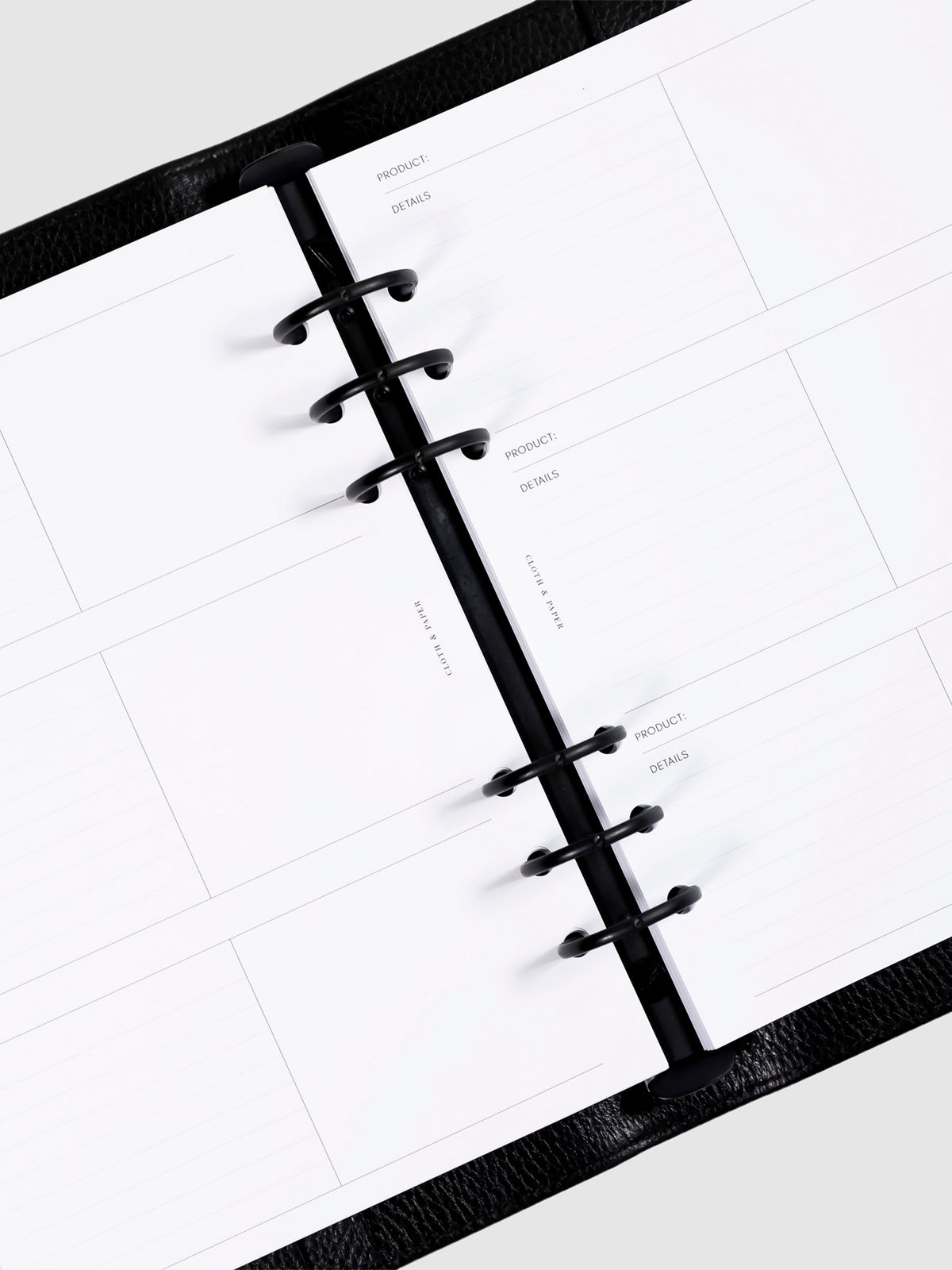 Product Inventory Inserts, Cloth and Paper. Inserts displayed inside an A5 6-Ring Planner.