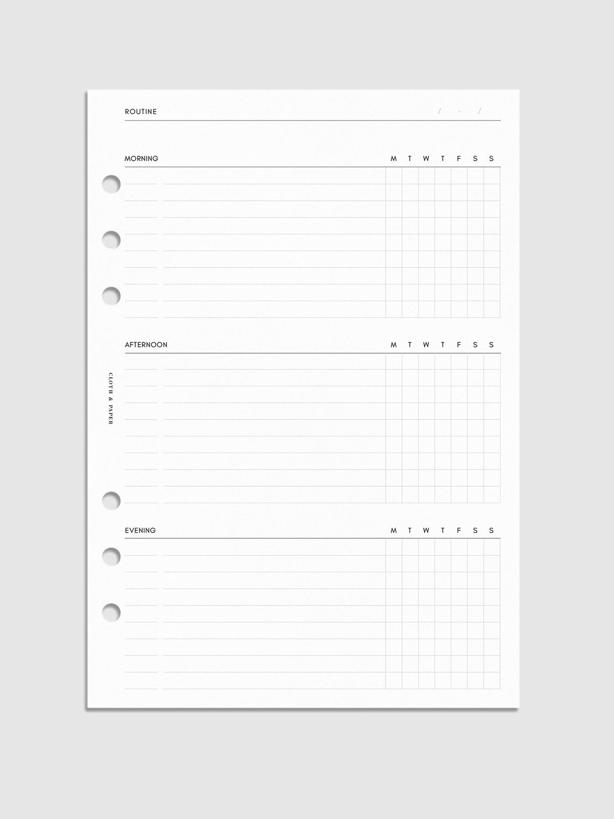 Digital mockup of insert in A5 sizing. Page shown is routine planner.