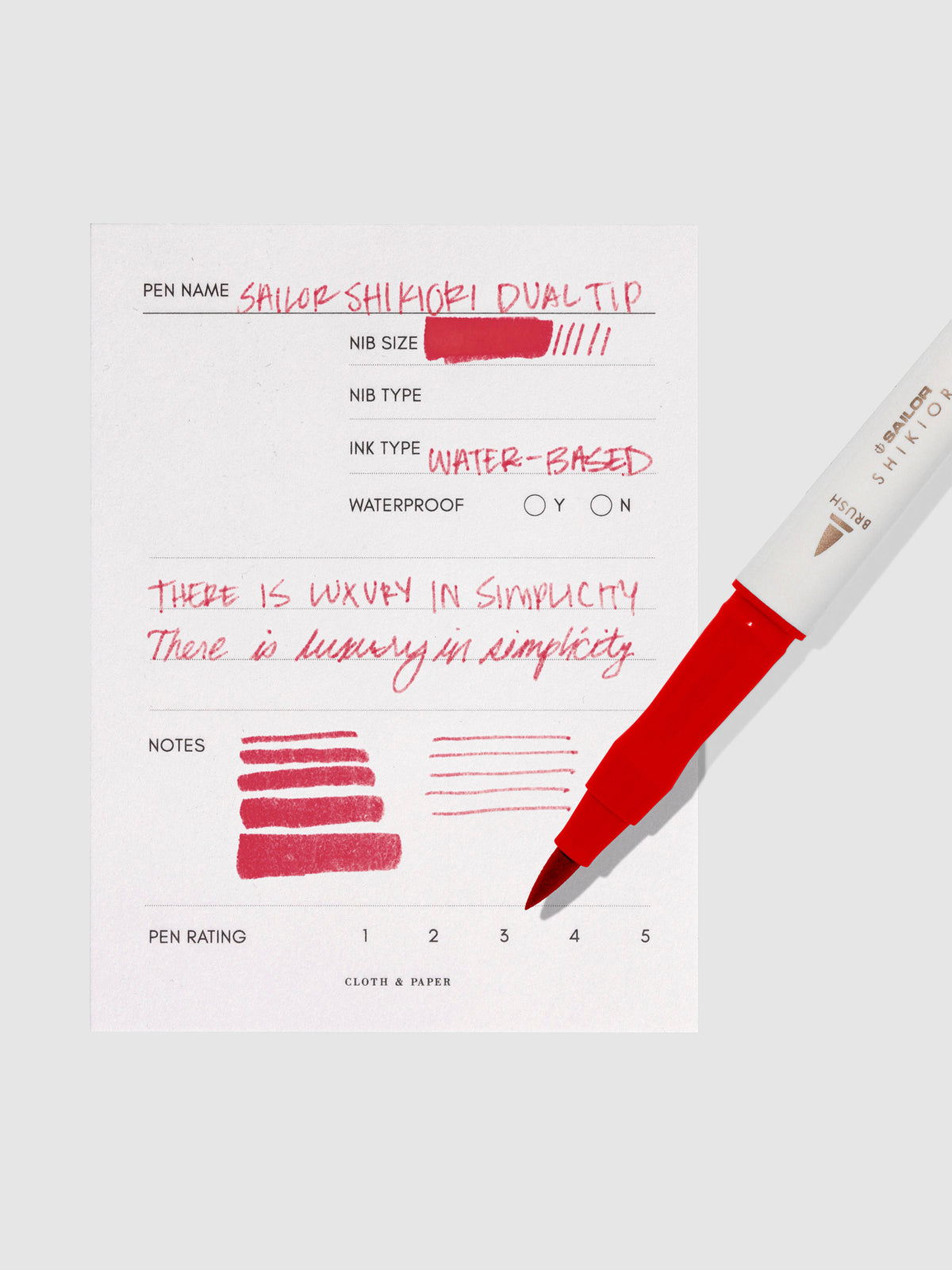 Pen displayed next to in use pen test sheet. Color pictured is Irori.  