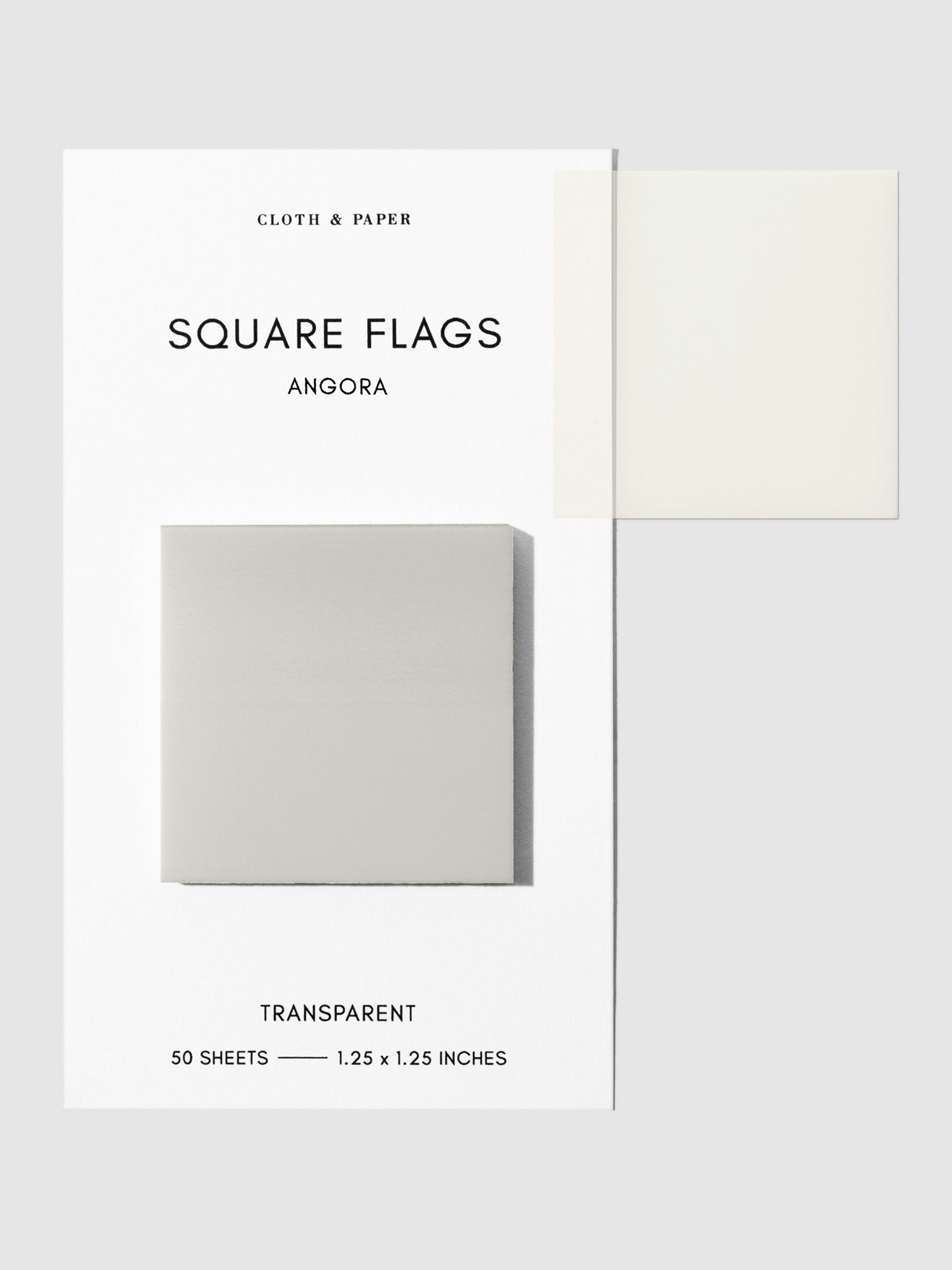 Square Page flag on their backing with one flag removed and attached to the backing to show its transparency. Color shown is Angora.