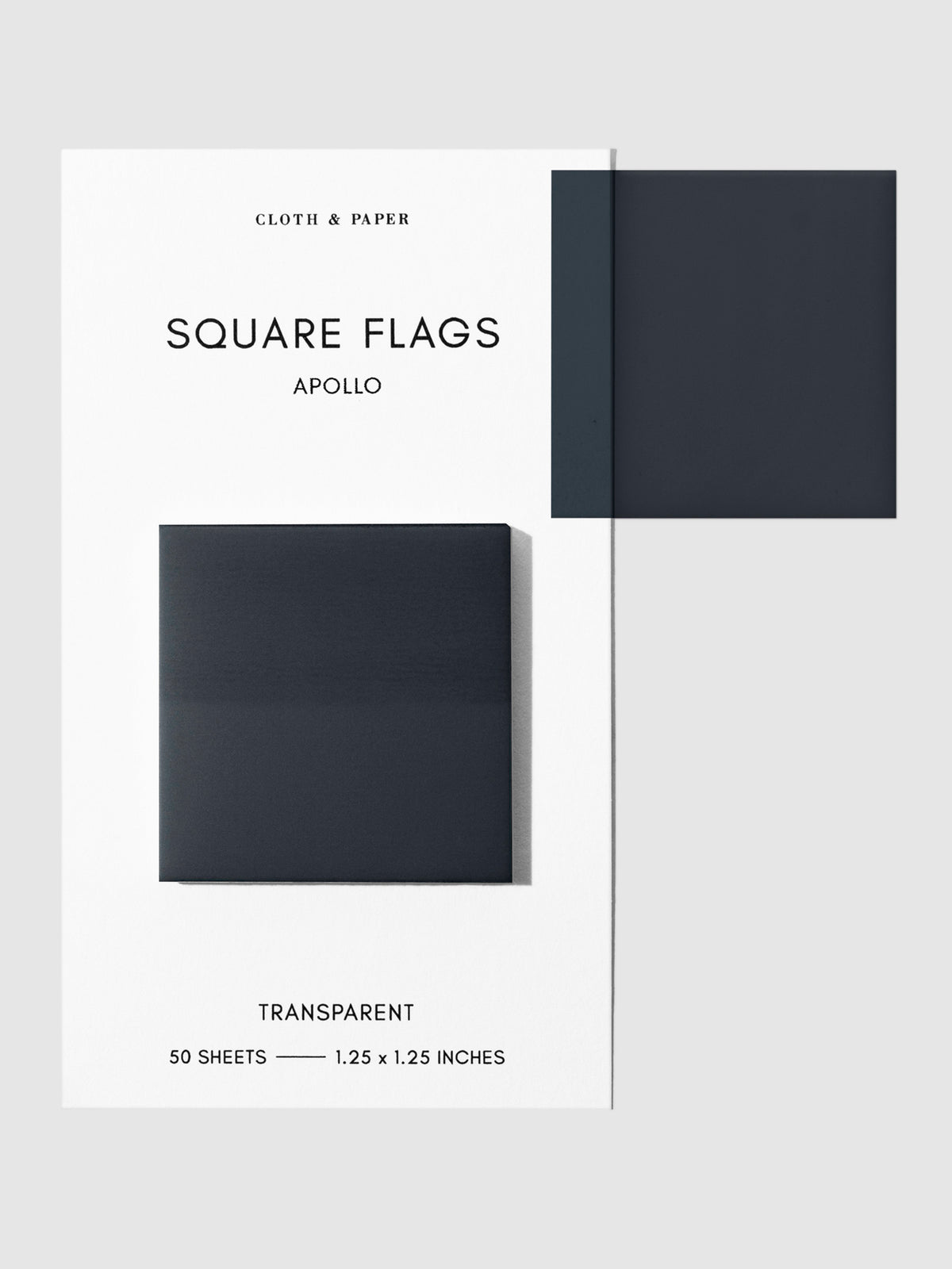 Square Page flag on their backing with one flag removed and attached to the backing to show its transparency. Color shown is Apollo.