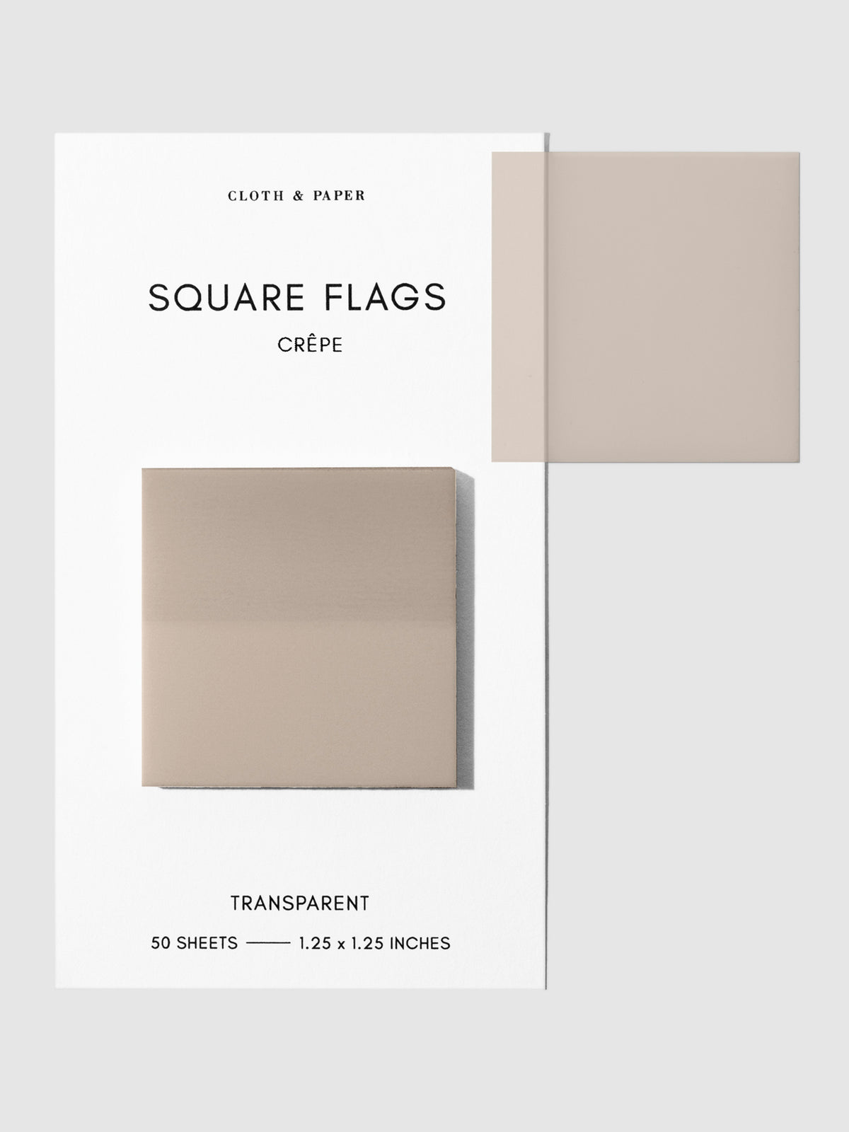Square Page flag on their backing with one flag removed and attached to the backing to show its transparency. Color shown is Crepe.