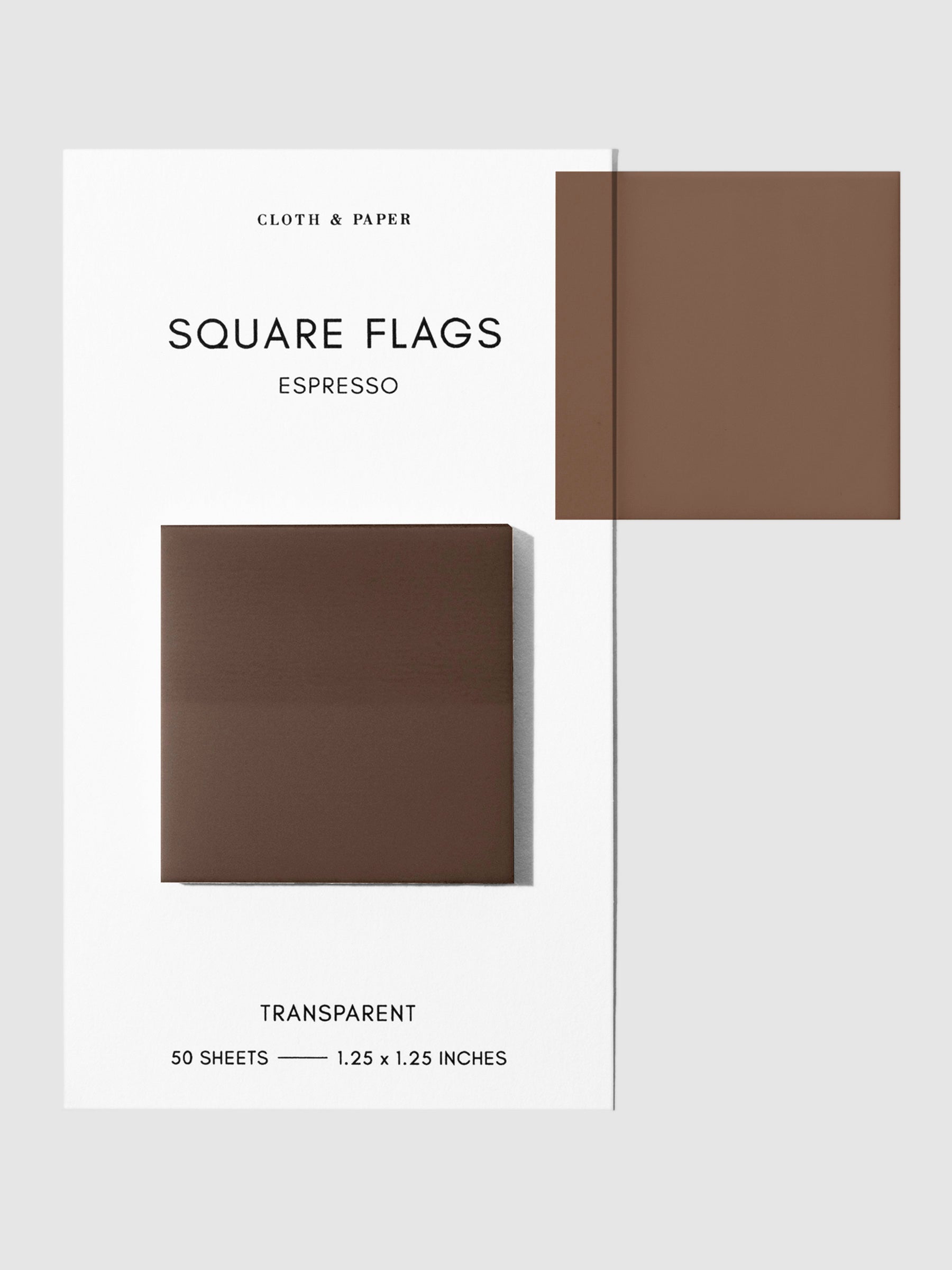 Square Page flag on their backing with one flag removed and attached to the backing to show its transparency. Color shown is Espresso.