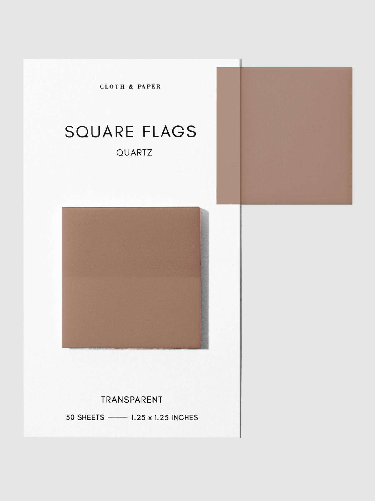 Square Page flag on their backing with one flag removed and attached to the backing to show its transparency. Color shown is Quartz.