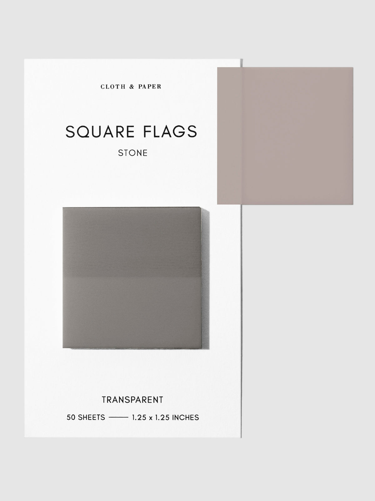 Square Page flag on their backing with one flag removed and attached to the backing to show its transparency. Color shown is Stone.