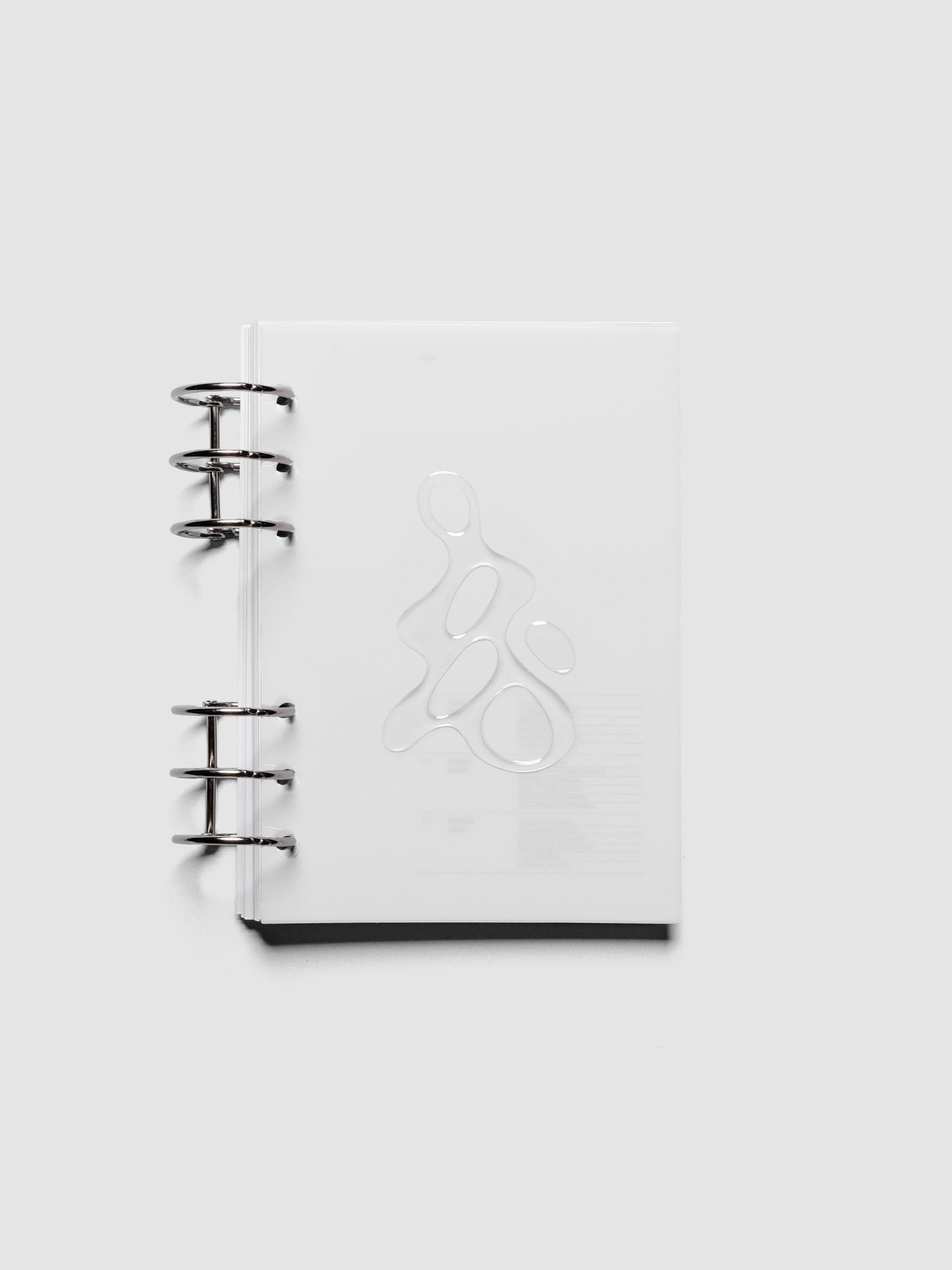 Light grey, semi-transparent, and glossy plastic planner dashboard with organic raised shape design in size Personal Wide shown ringbound.