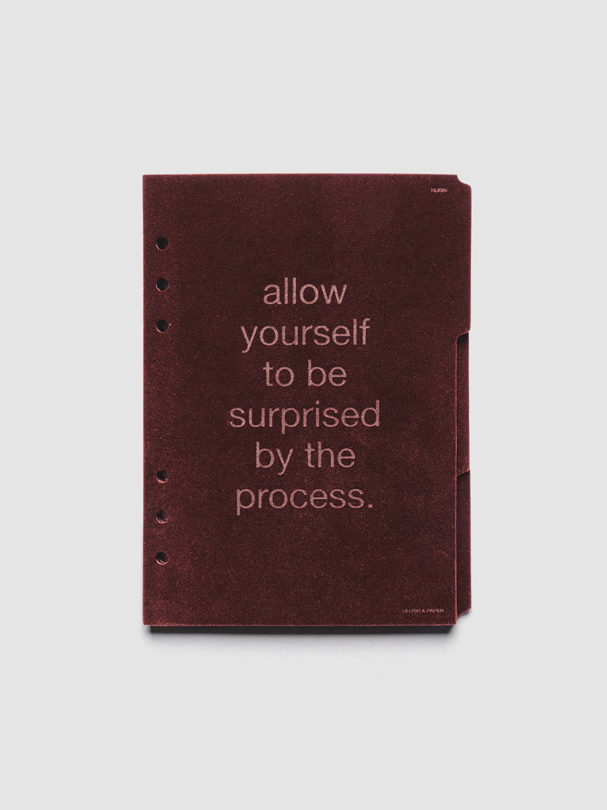 Three velvet side tab planners dividers in the color Bordeaux with text deboss designs shown in size A5.