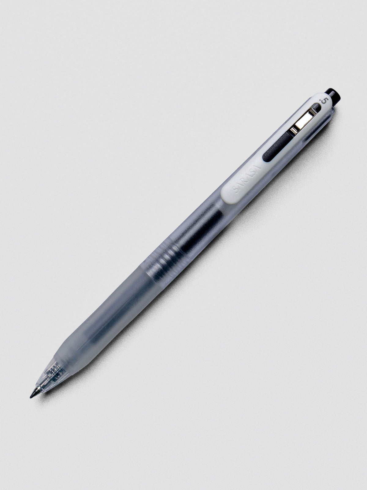 Zebra Sarasa Chill gel pen in Clear Black with clear barrel and black accents on white background.