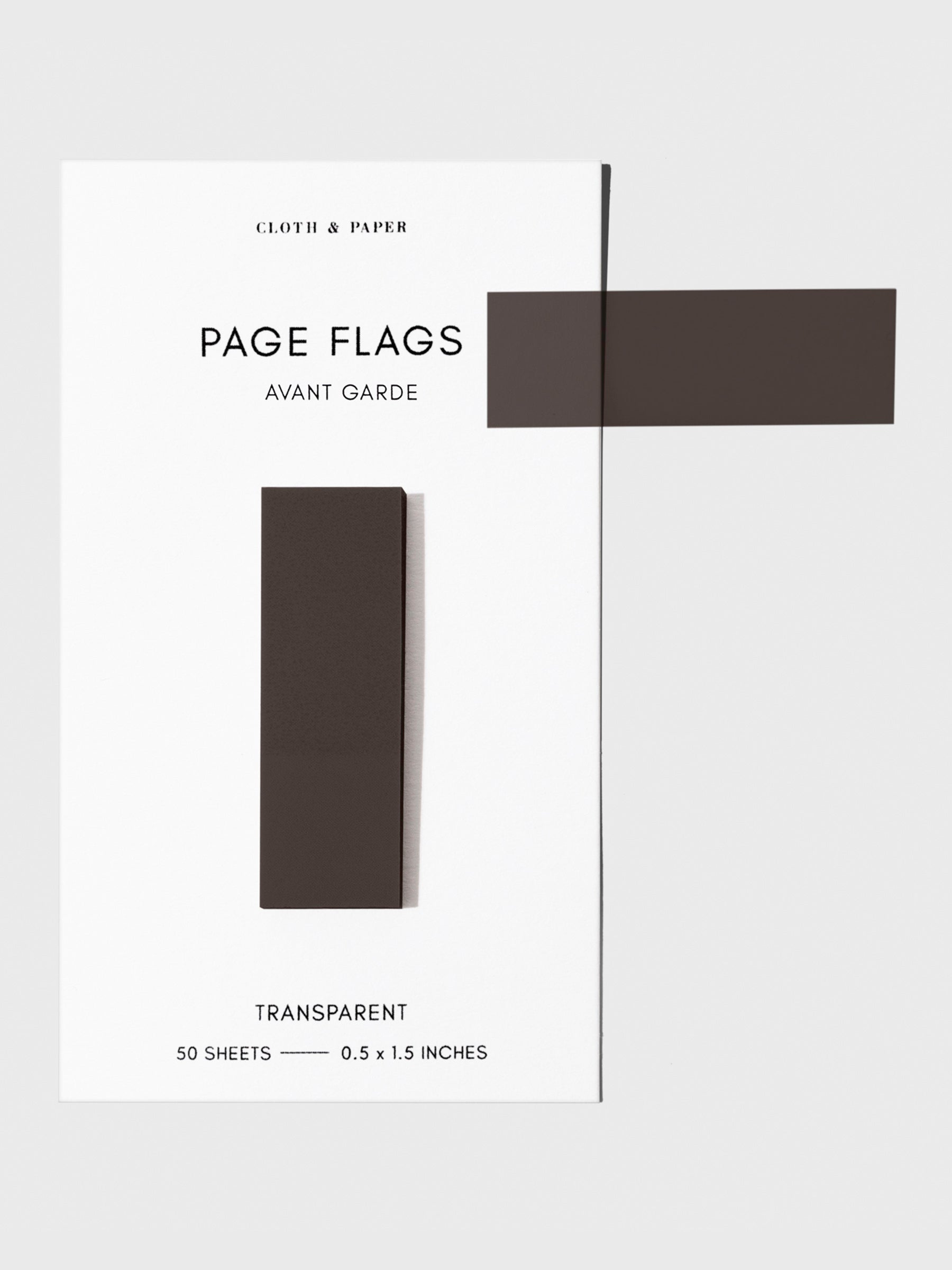 Page flags on their backing with one flag removed and attached to the backing to show its transparency. Color shown is Avant Garde.