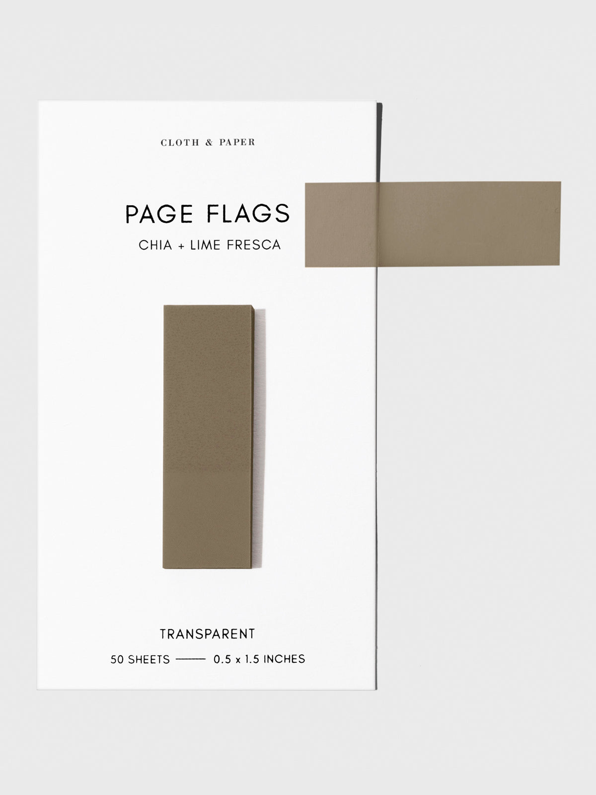 Page flags on their backing with one flag removed and attached to the backing to show its transparency. Color shown is Chia Lime Fresca.