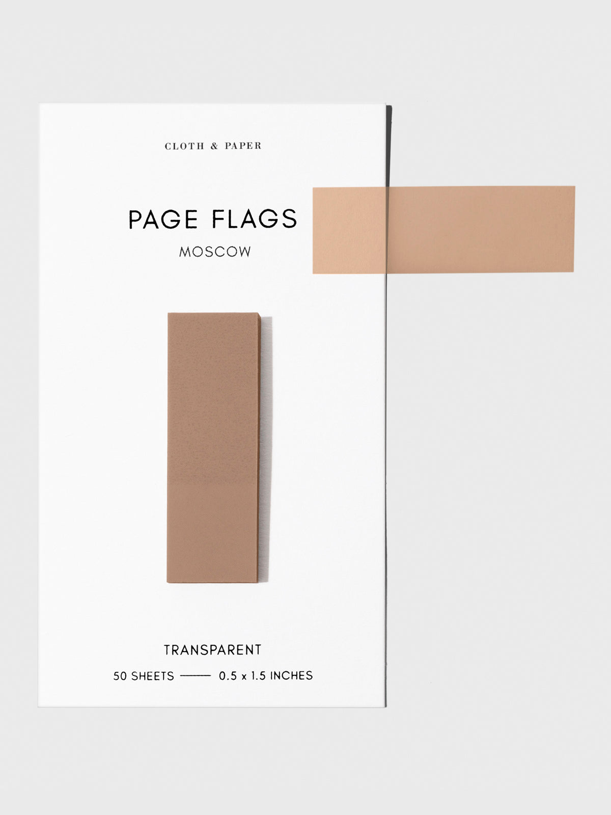 Page flags on their backing with one flag removed and attached to the backing to show its transparency. Color shown is Moscow.