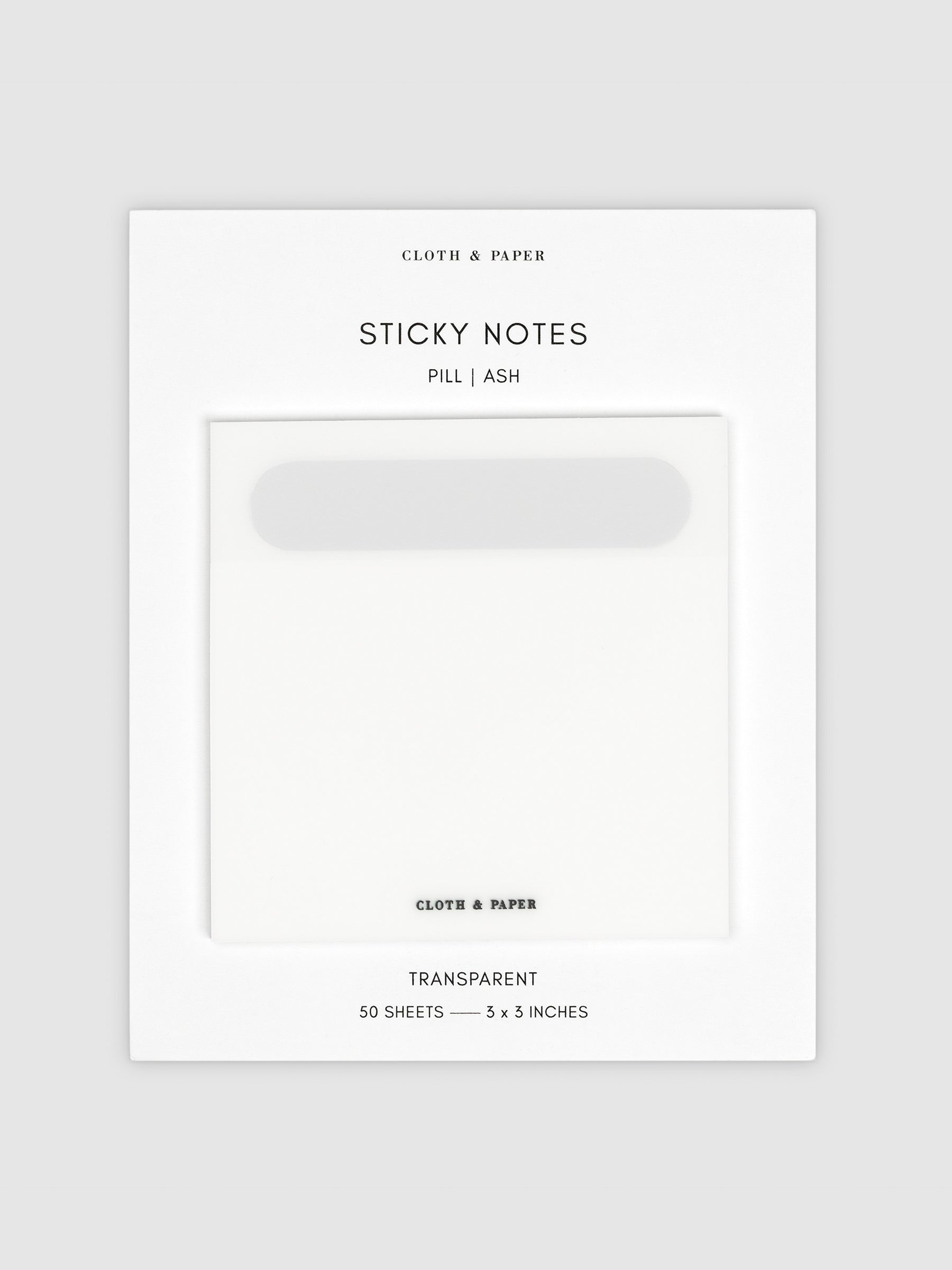 Transparent Pill Tab Sticky Notes, Ash, Cloth and Paper. Sticky notes on their backing displayed on a neutral background. 