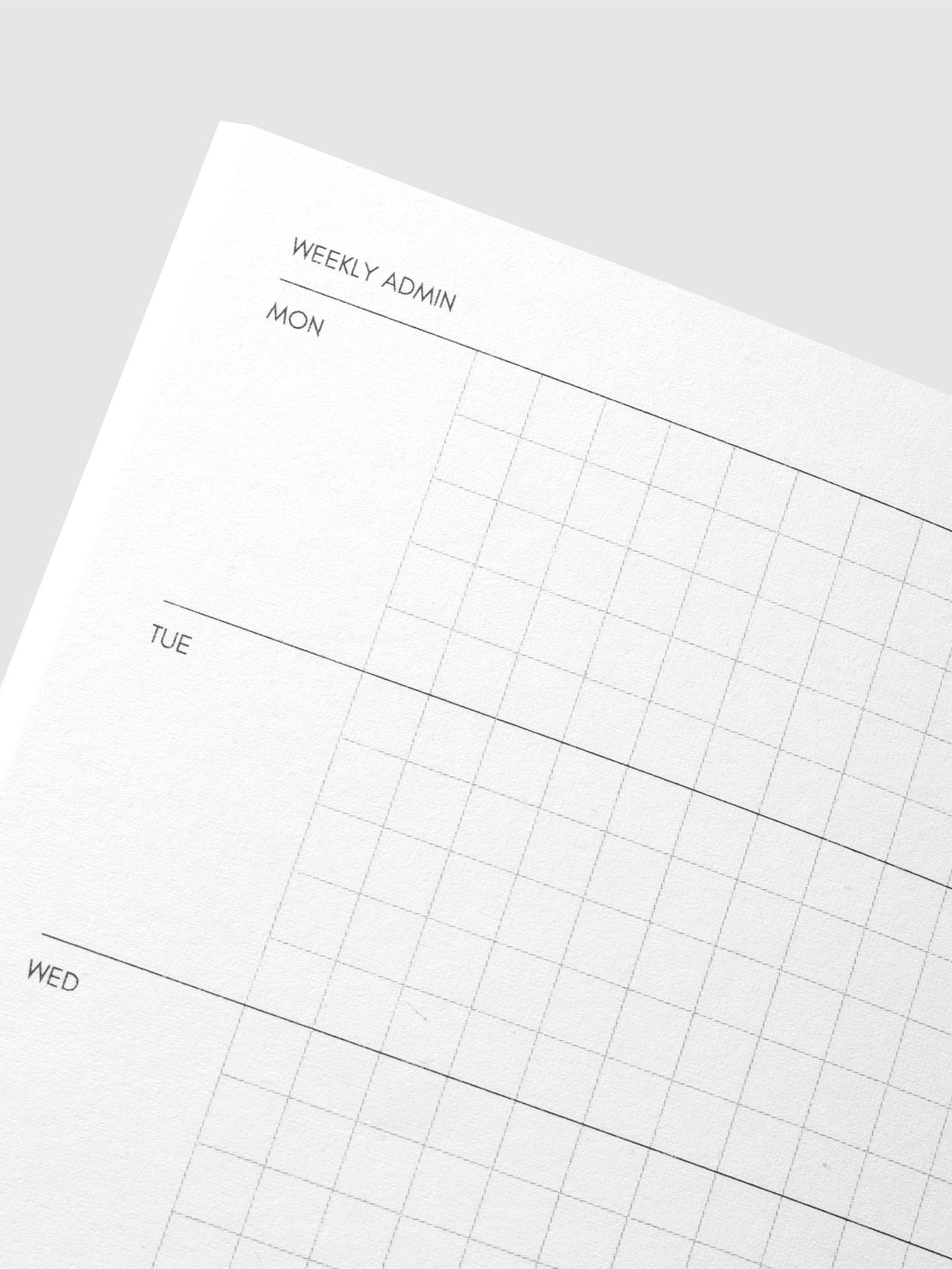 Close up image of the top left of the Weekly Admin  Pocket Plus notebook page. The page is displayed on a neutral background.