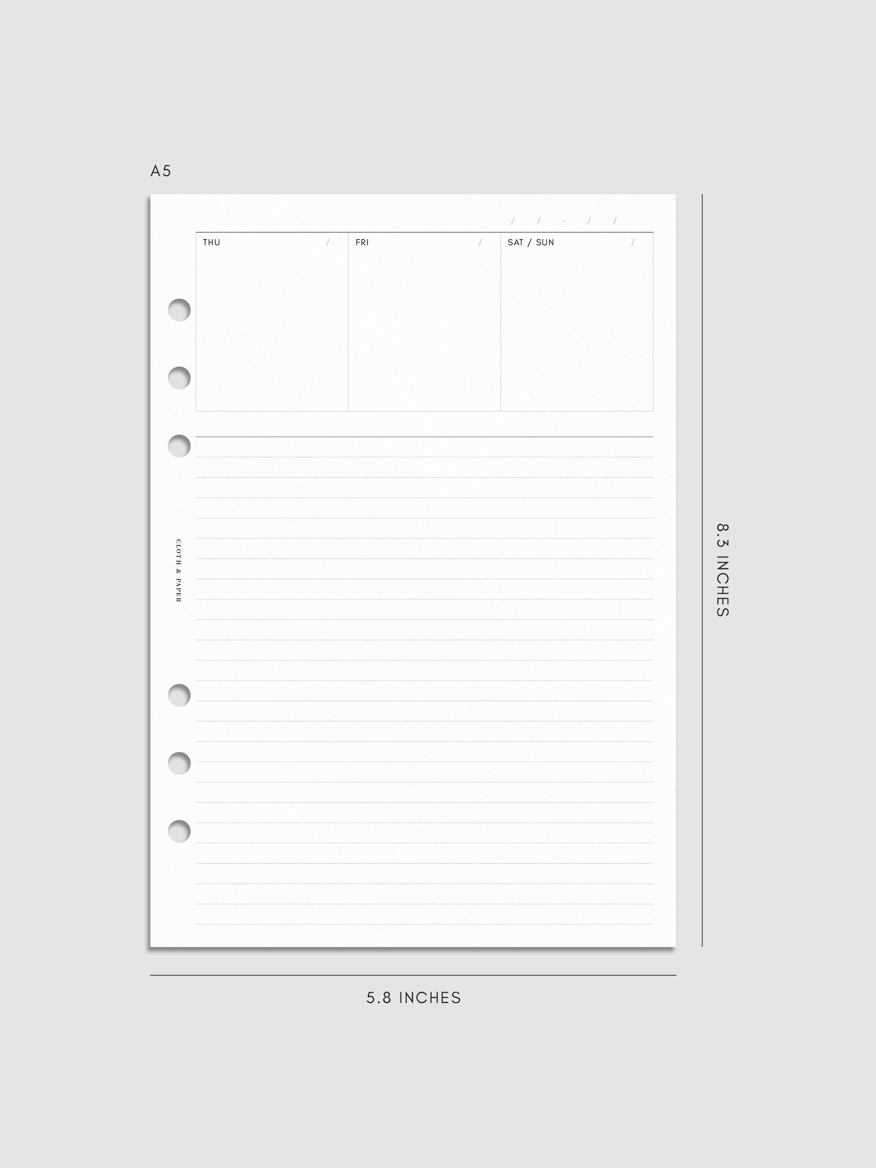 Undated Weekly Notes Planner Inserts in size A5