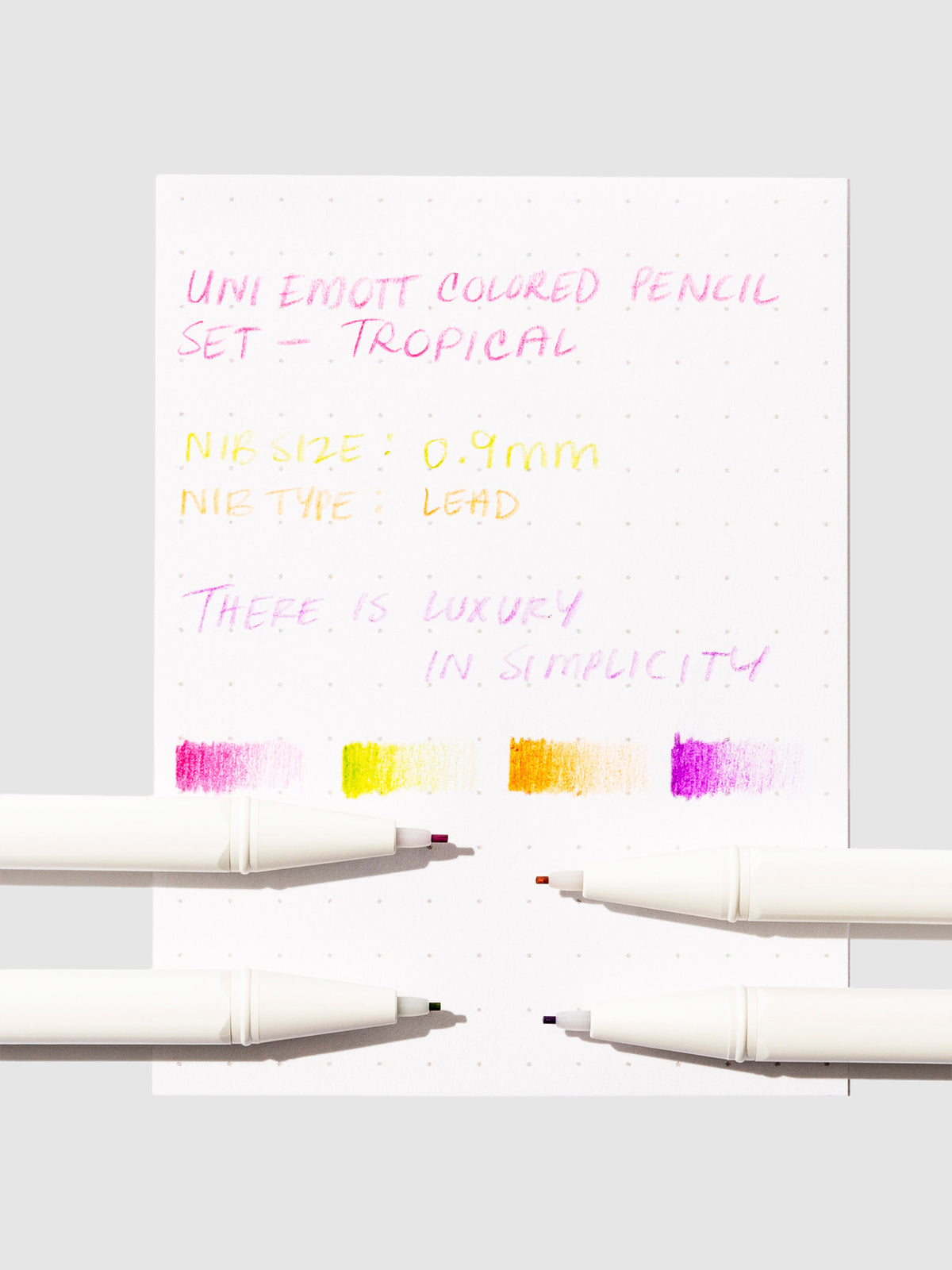 Pen testing sheet for tropical color palette displayed on a neutral background.