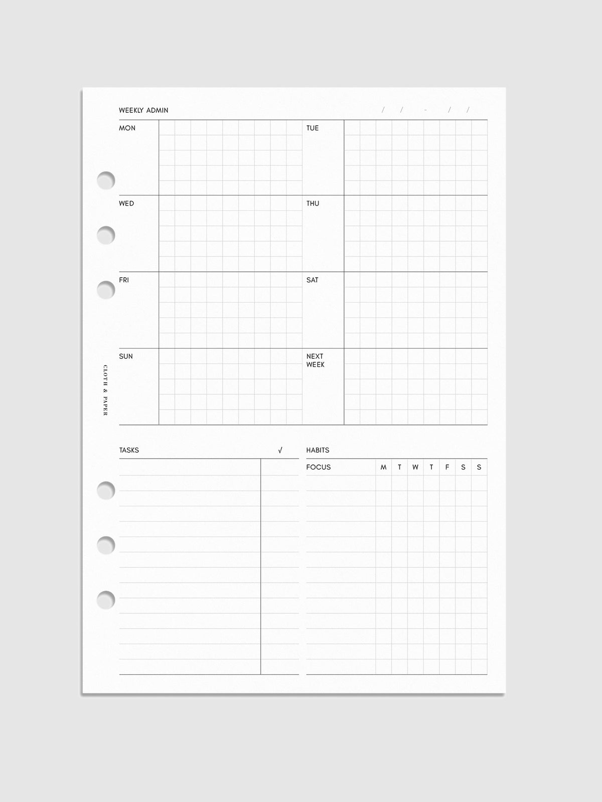 Weekly Admin Planner Inserts, Monday Start, Cloth and Paper. Mockup of insert in A5 sizing.
