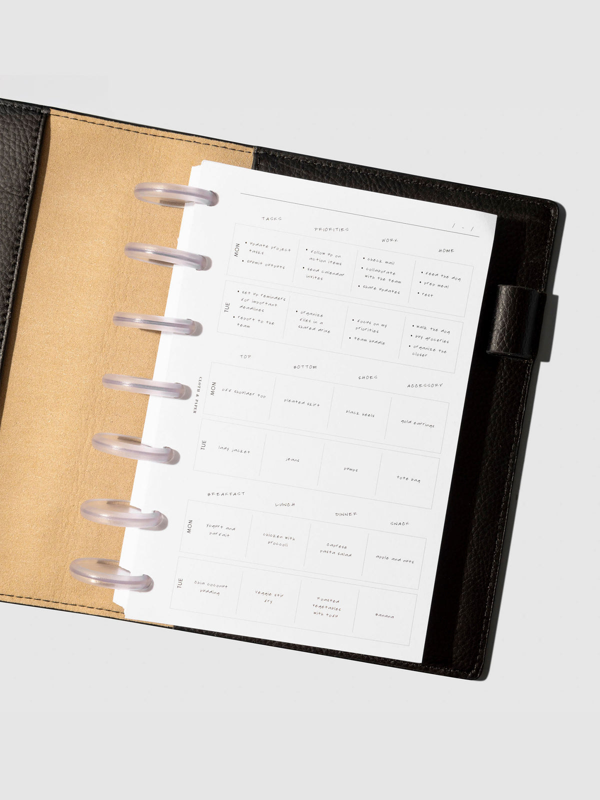Insert in use inside a black leather planner.