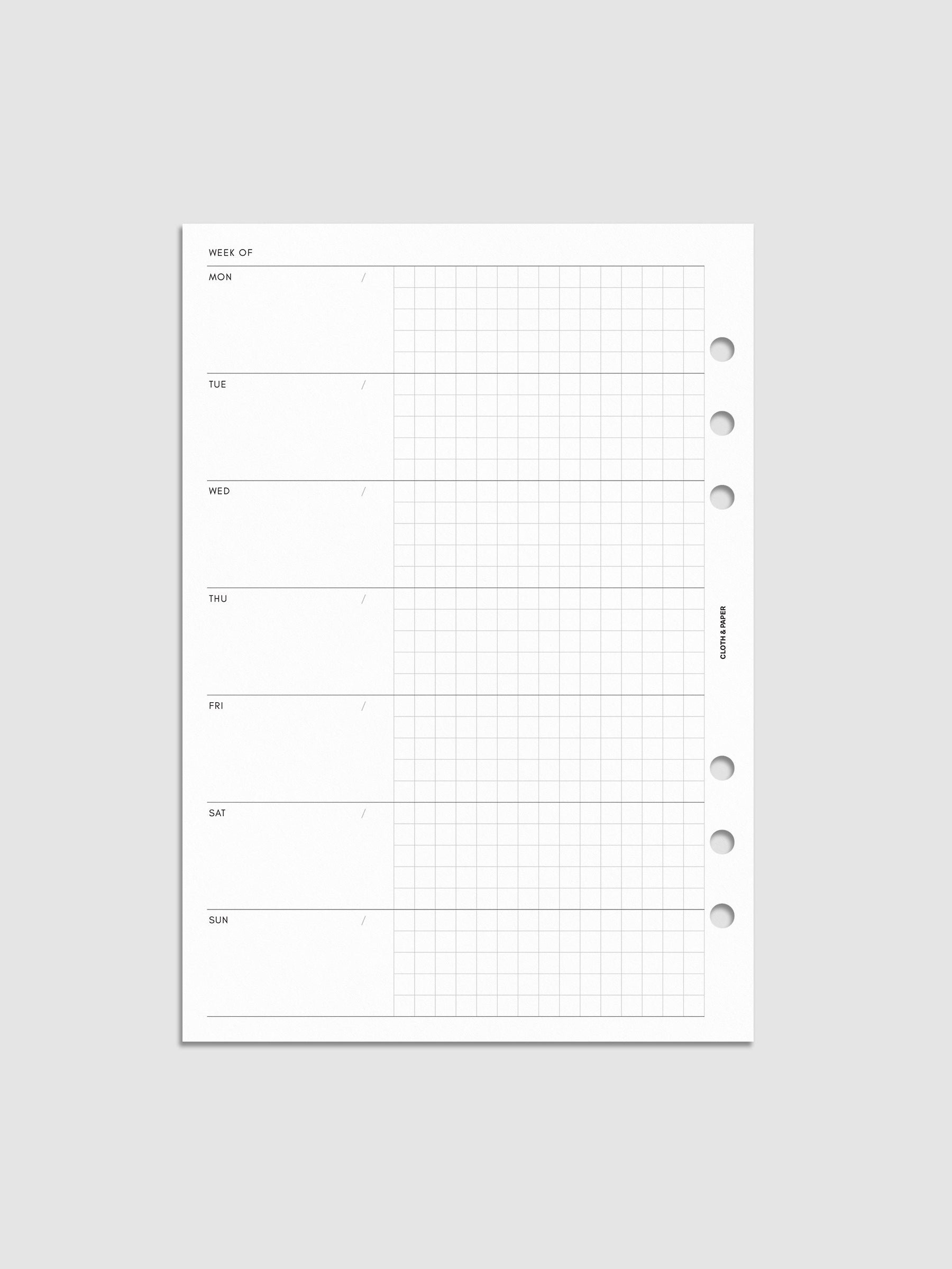 Weekly Graph Inserts with rows for every day of the week and a blank and graph style column.