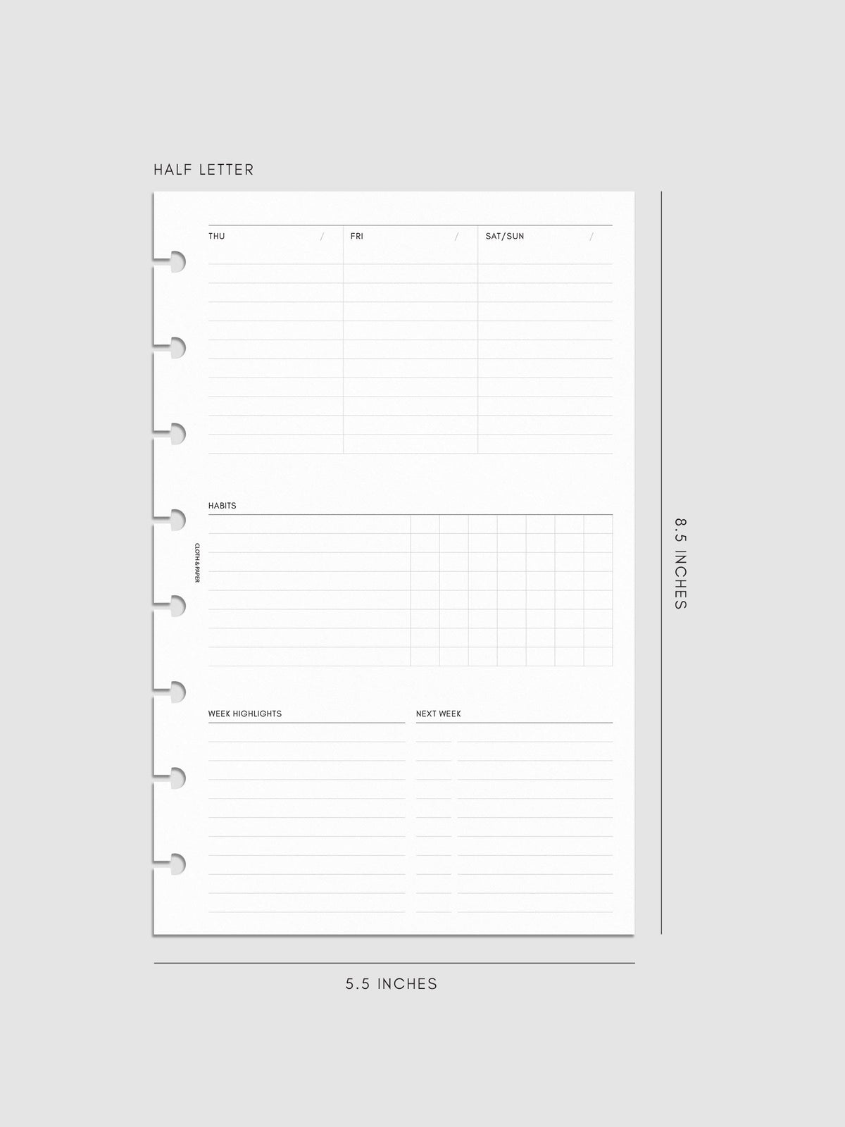 Weekly Essentials Planner Inserts, Half Letter 8-Disc Punch, right page of weekly spread showing columns for Thursday, Friday and a combined Saturday and Sunday, with a Habits tracker grid and Week Highlights and Next Week sections below