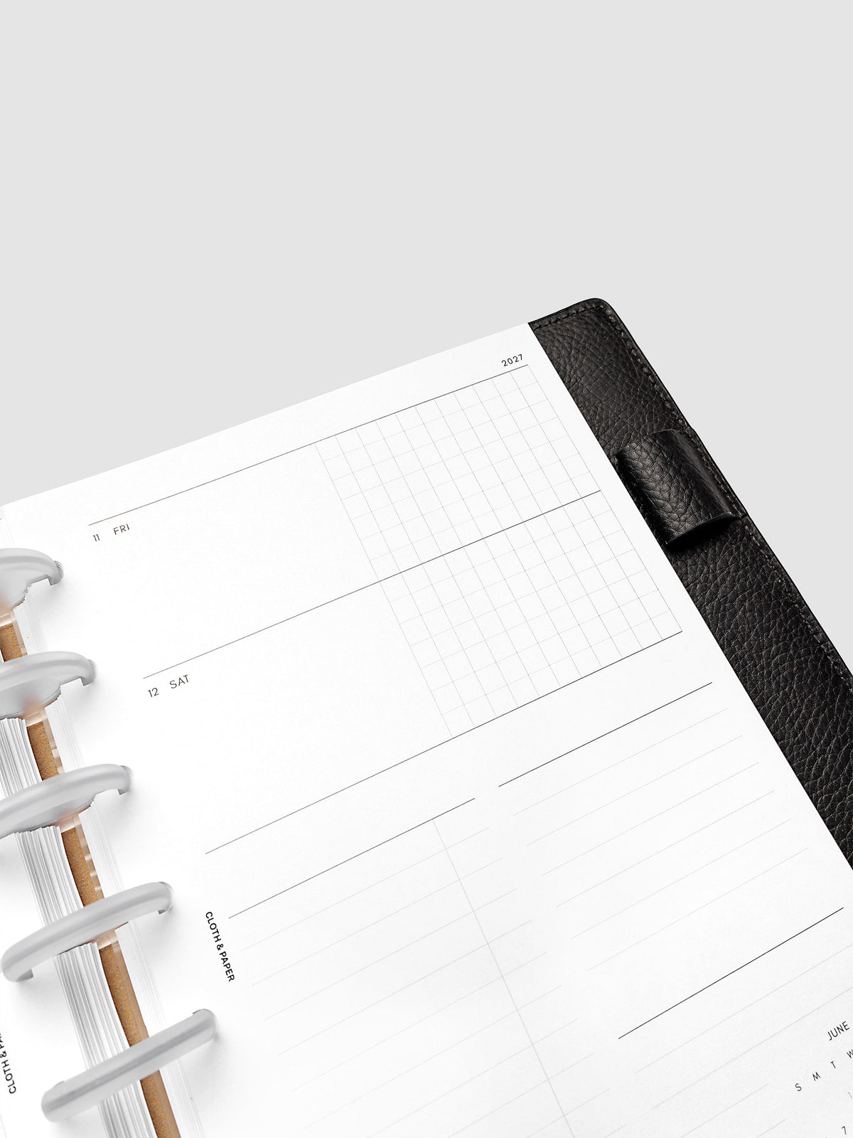 2027 Dated Weekly Horizontal Planner Inserts, Sunday Start, Half Letter 8-Disc Punch, close-up of the top of the right page showing Friday and Saturday with each day split into open and graph columns alongside the tasks and notes columns