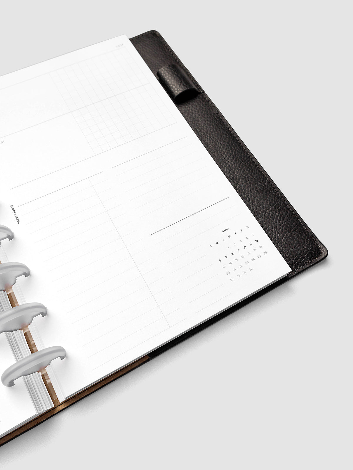 2027 Dated Weekly Horizontal Planner Inserts, Sunday Start, Half Letter 8-Disc Punch, close-up of the bottom of the right page showing the lower portions of the Friday and Saturday columns and the mini monthly calendar in the bottom right corner