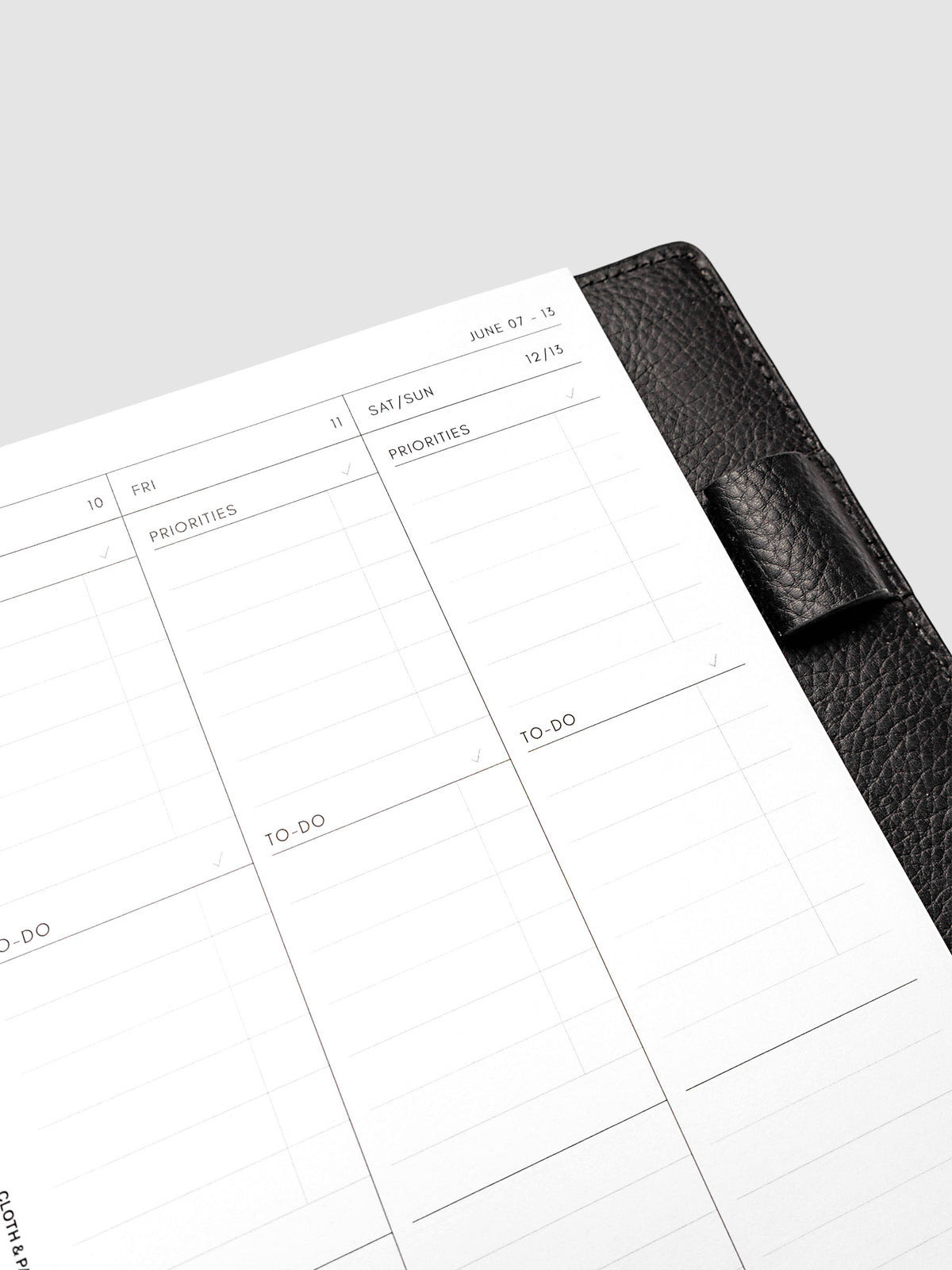 2027 Dated Weekly Task Planner Inserts, Monday Start, Half Letter 8-Disc Punch, close-up of the top of the right page showing labeled priorities and to-do sections including the combined Saturday and Sunday column