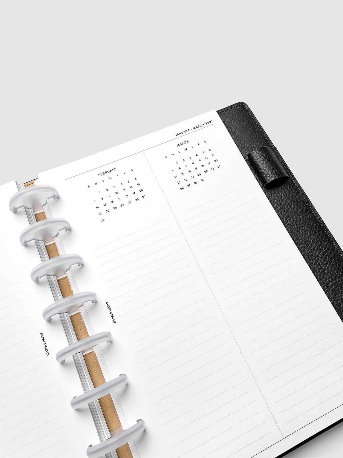 2027 Dated Yearly Overview Planner Inserts Sunday Start, Half Letter 8-Disc Punch, close-up of the top of the right page showing monthly calendar views with notes sections in Sunday-start format