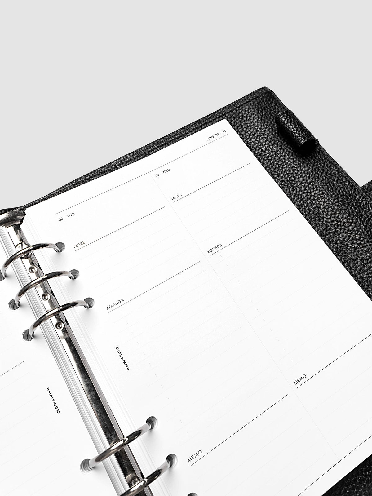 Detail view of the right page layout for the 2027 Dated Daily Inserts | Monday start in a black ringbound planner