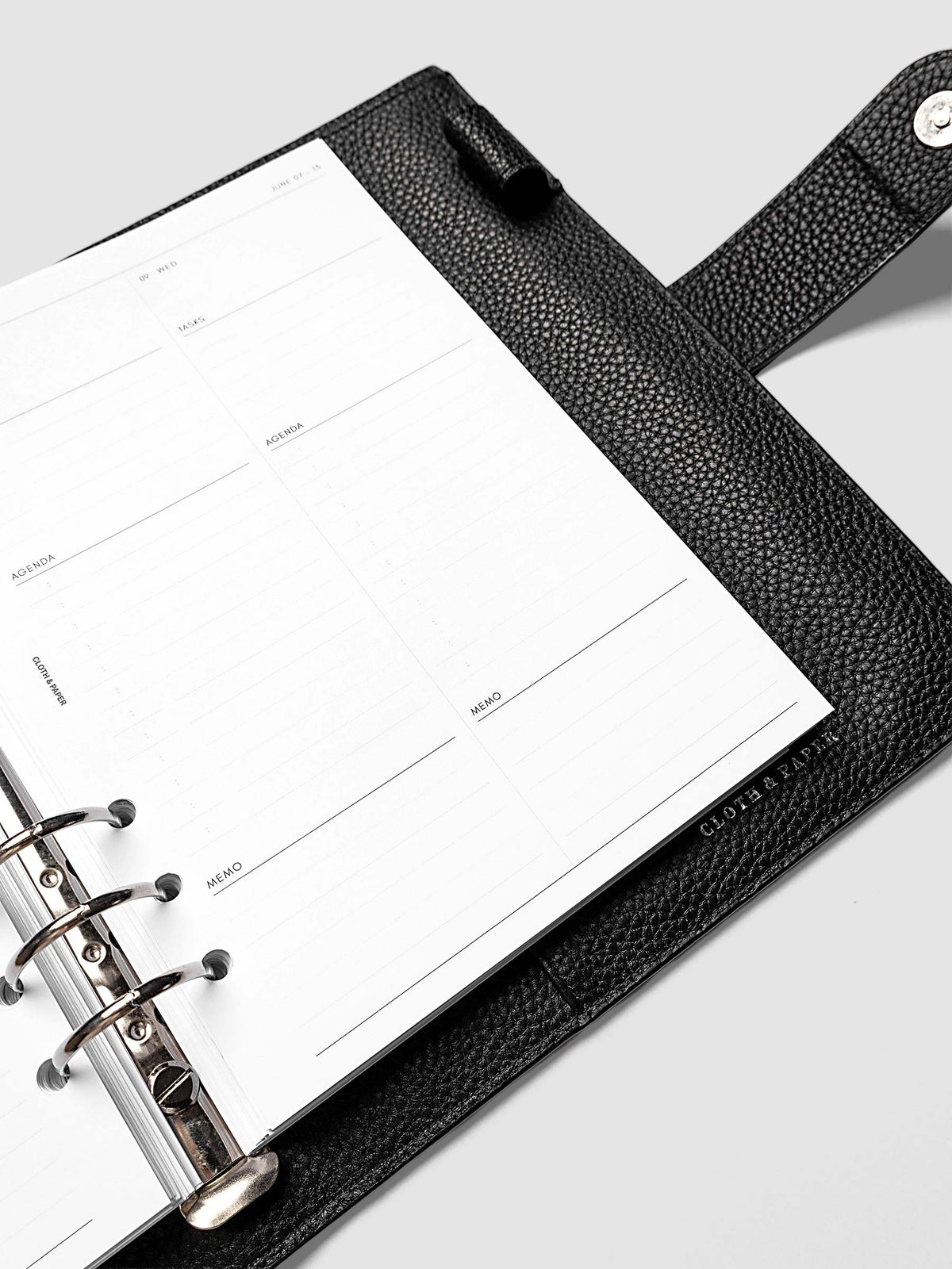 Detail view of the right page layout for the 2027 Dated Daily Inserts | Monday start in a black ringbound planner