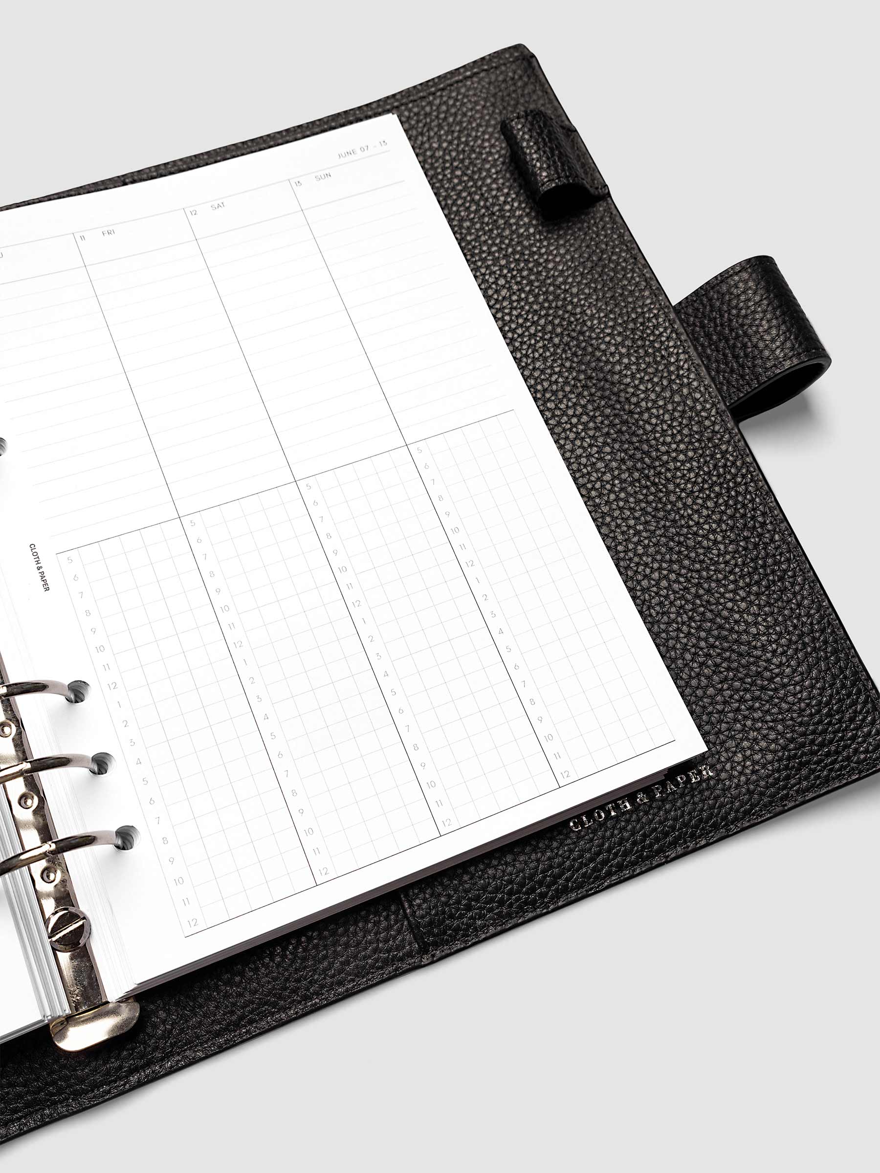 A5 6-Ring Punch right page detail showing time blocking grid in a planner