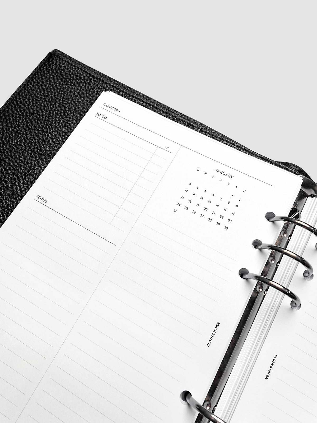 2027 Dated Yearly Overview Planner Inserts Sunday Start, A5 6-Ring Punch, close-up of the top of the left page showing goal-setting and to-do sections